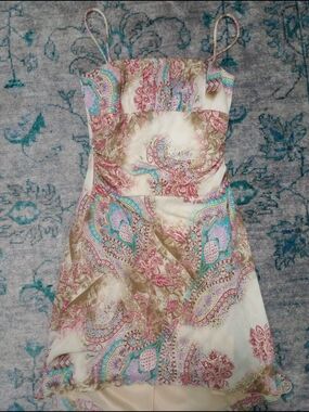 Taboo Cream Paisley Mini Dress with Pink & Teal Accents